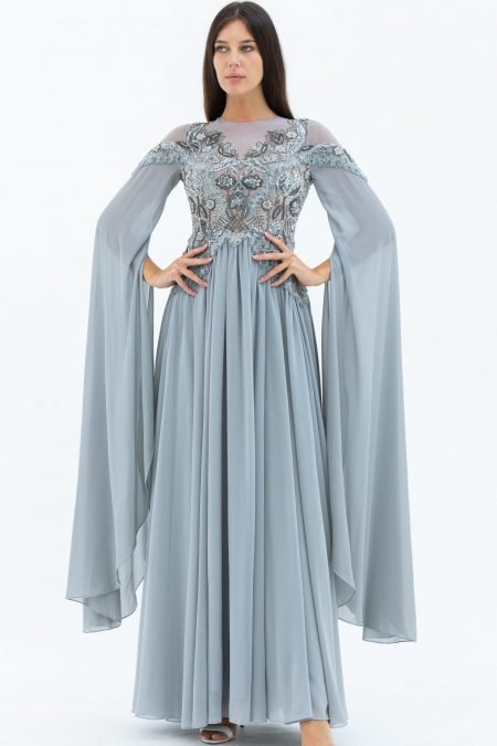 Chiffon Embroidered Fabric Silver V Neck Column Evening Dress