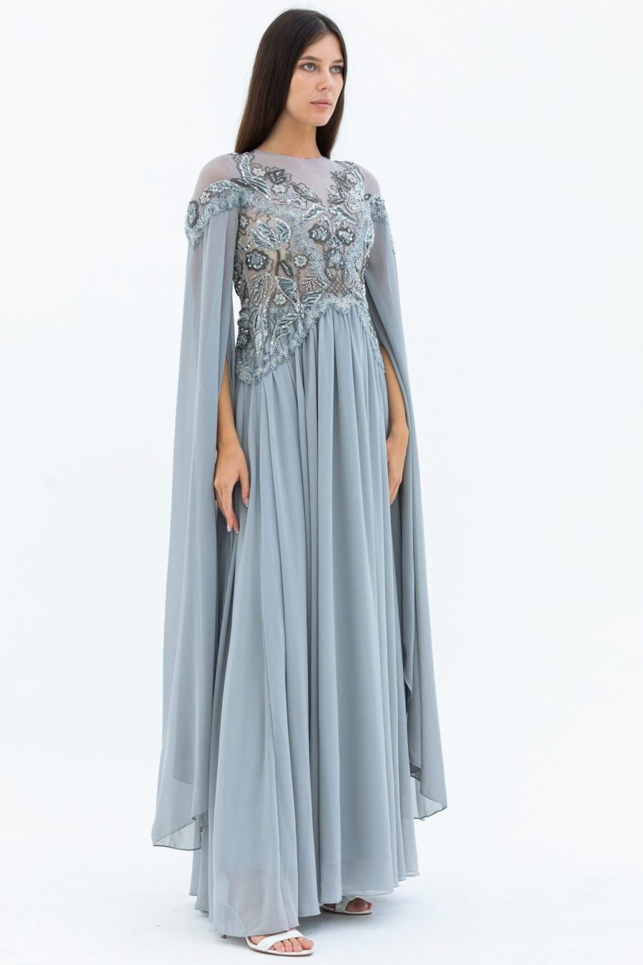 Chiffon Embroidered Fabric Silver V Neck Column Evening Dress - Image 2