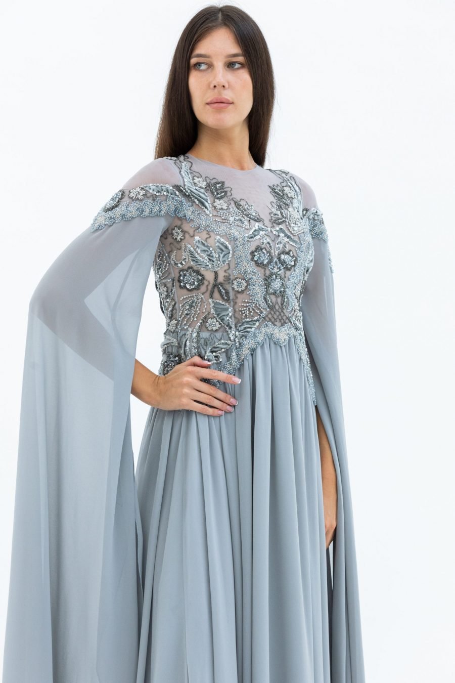 Chiffon Embroidered Fabric Silver V Neck Column Evening Dress - Image 3