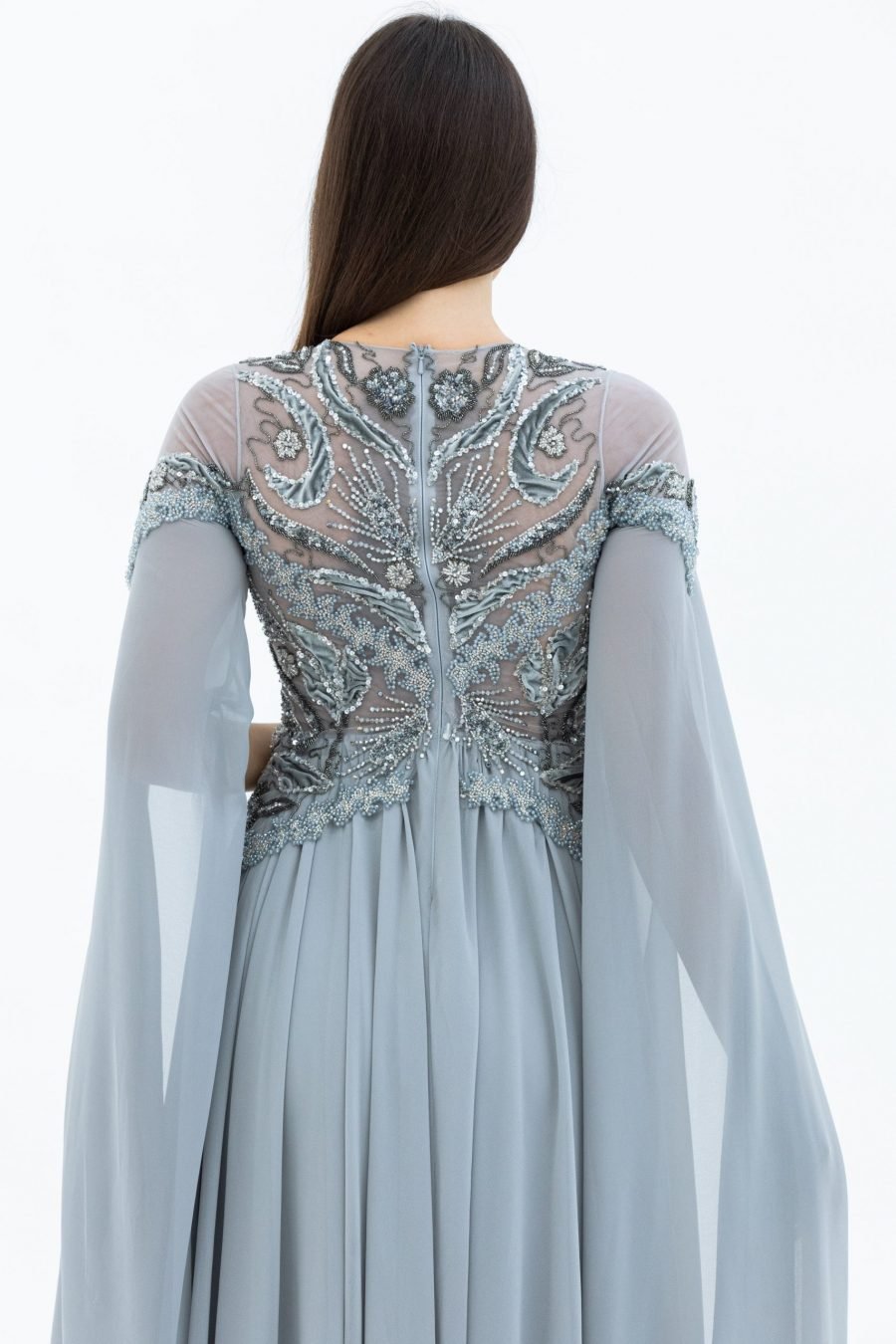 Chiffon Embroidered Fabric Silver V Neck Column Evening Dress - Image 4