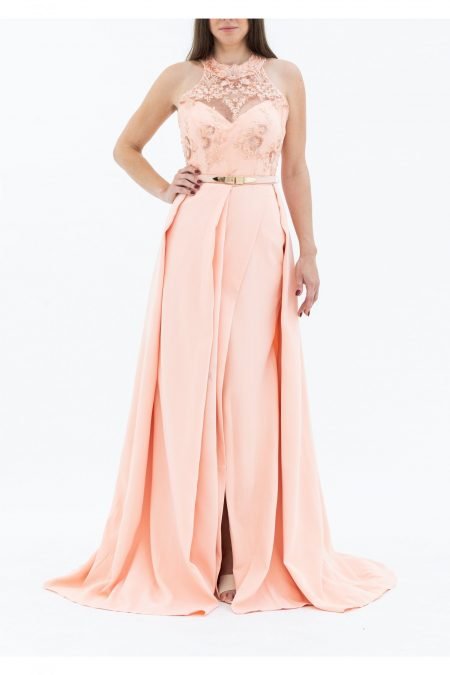 Crepe Fabric Peach Colour Illusion Neck Mermaid Evening Dress