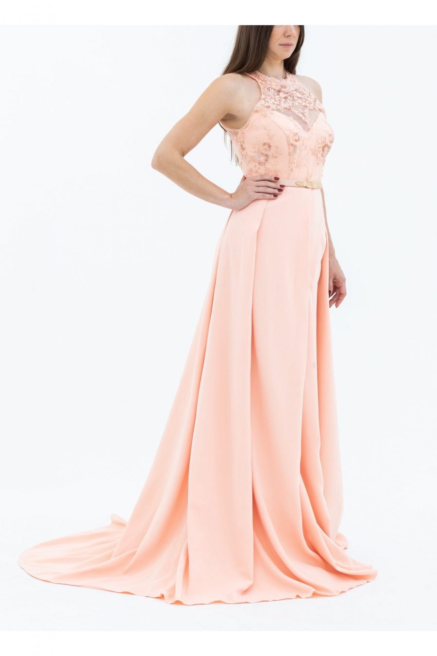 Crepe Fabric Peach Colour Illusion Neck Mermaid Evening Dress - Image 2