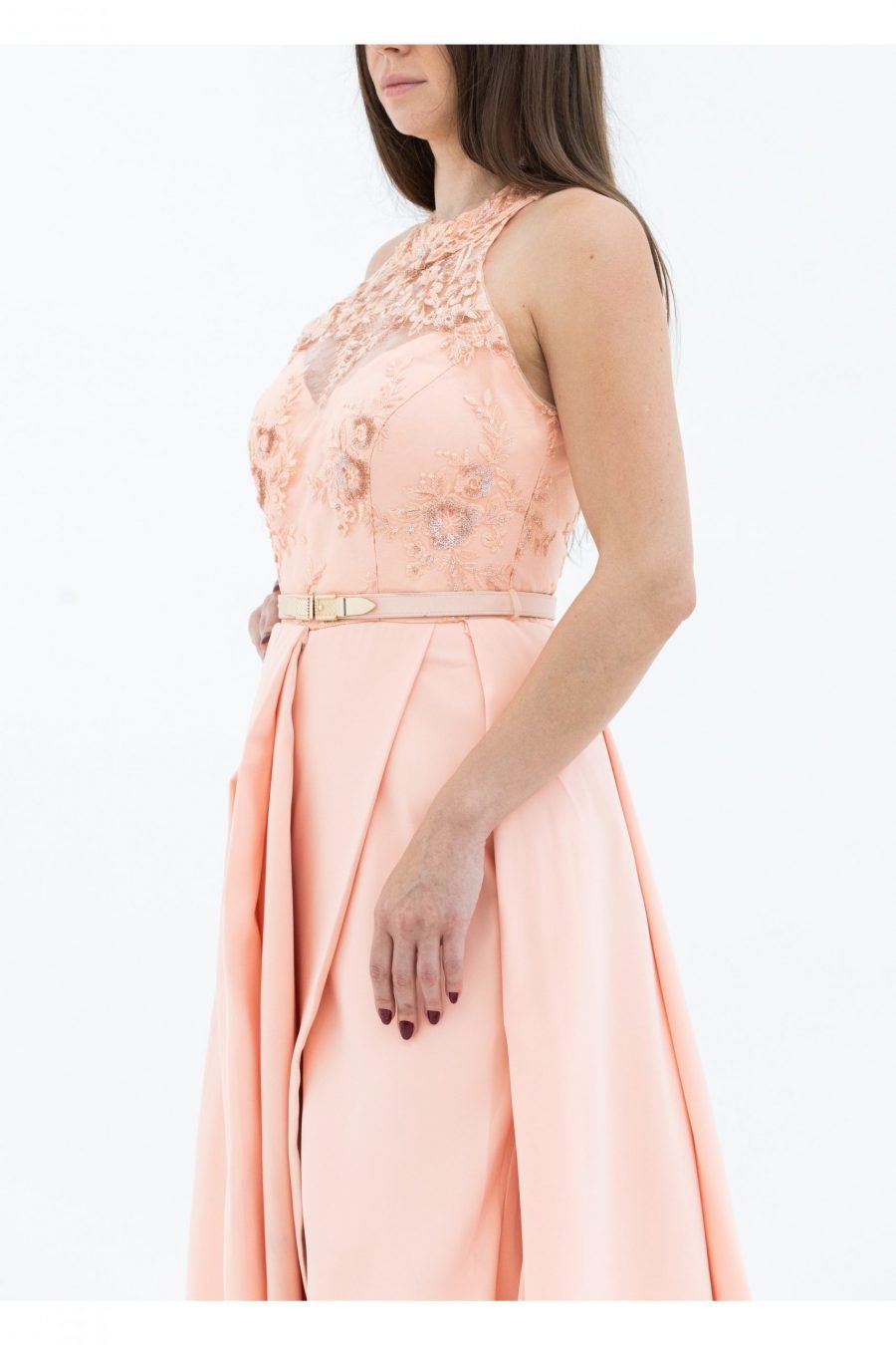 Crepe Fabric Peach Colour Illusion Neck Mermaid Evening Dress - Image 3