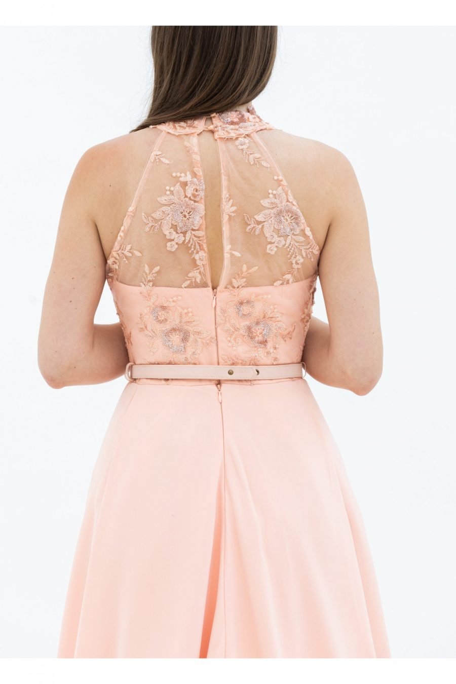 Crepe Fabric Peach Colour Illusion Neck Mermaid Evening Dress - Image 4