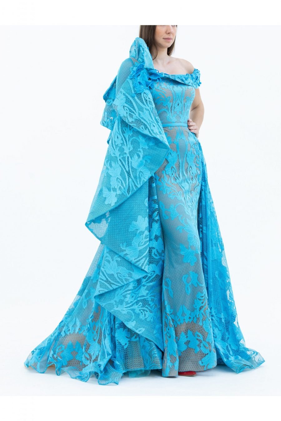 Taffeta Plain Fabric Ferozi Off-Shoulder Mermaid Evening Dress - Image 3