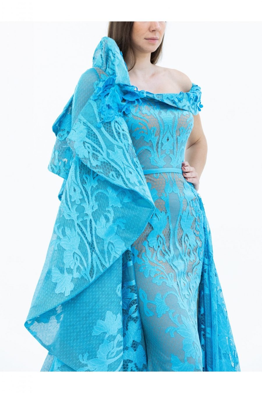 Taffeta Plain Fabric Ferozi Off-Shoulder Mermaid Evening Dress - Image 2