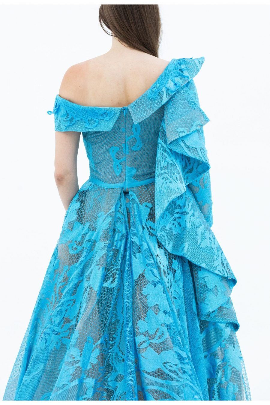 Taffeta Plain Fabric Ferozi Off-Shoulder Mermaid Evening Dress - Image 4