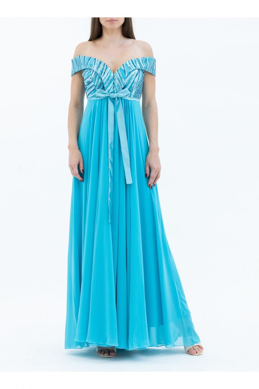Georgette Fabric Off-Shoulder Neck Column Evening Dress of Torques