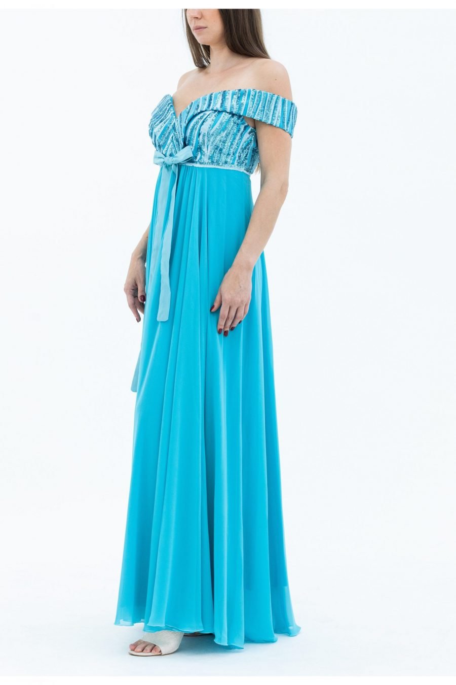 Georgette Fabric Off-Shoulder Neck Column Evening Dress of Torques - Image 2