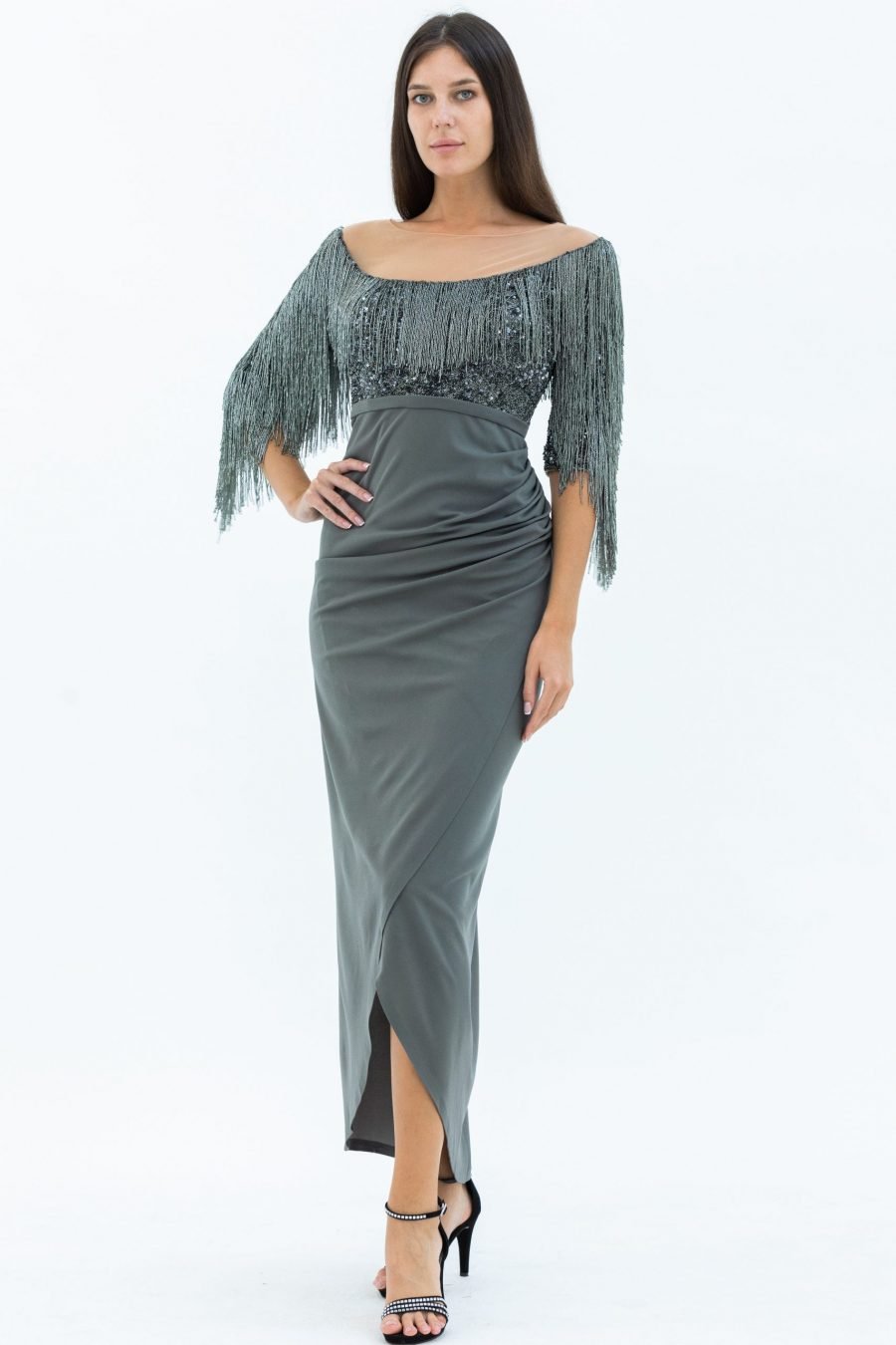 Boat Neck Below Knee Evening Dress