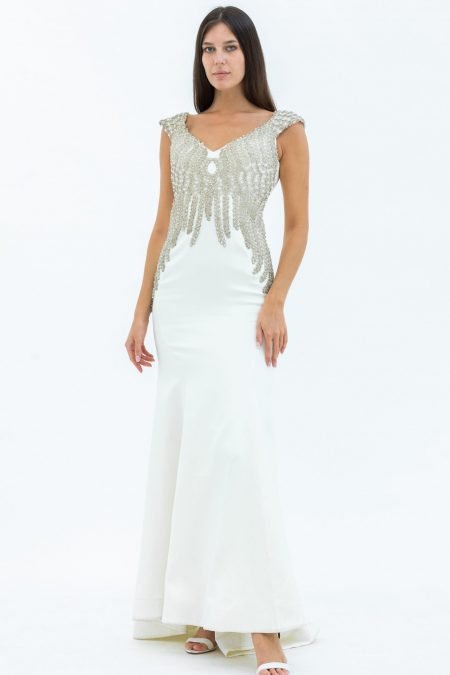 Crystals Embroidered Satin Plain Fabric V-Neck Slip Evening Dress