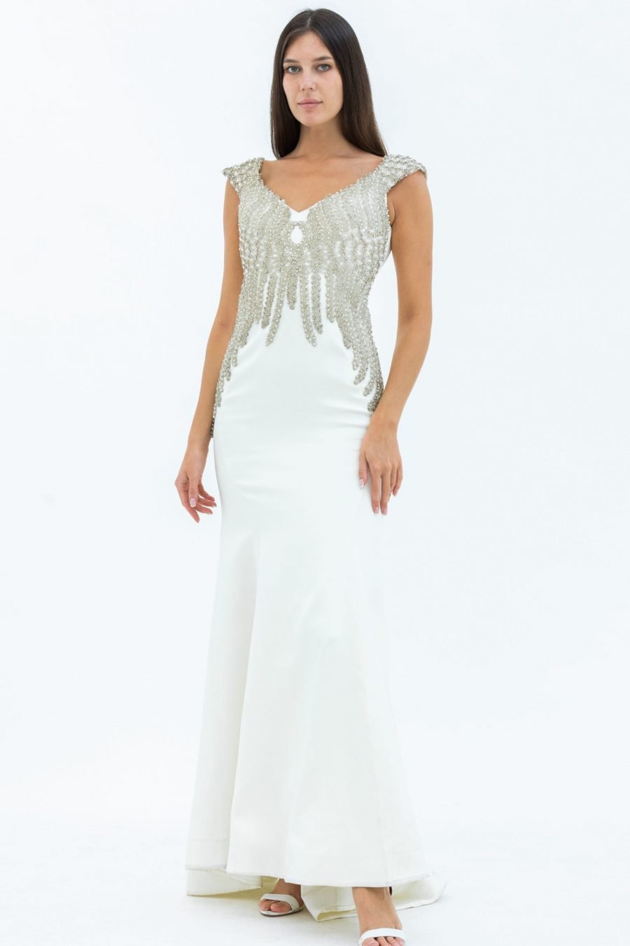 Crystals Embroidered Satin Plain Fabric V-Neck Slip Evening Dress