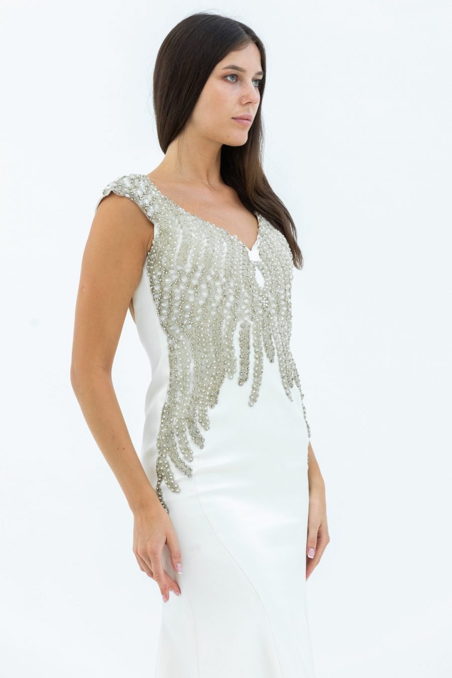 Crystals Embroidered Satin Plain Fabric V-Neck Slip Evening Dress - Image 3