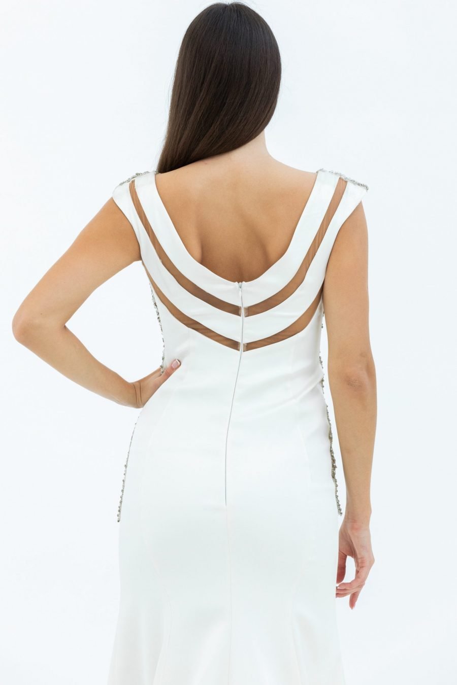 Crystals Embroidered Satin Plain Fabric V-Neck Slip Evening Dress - Image 4