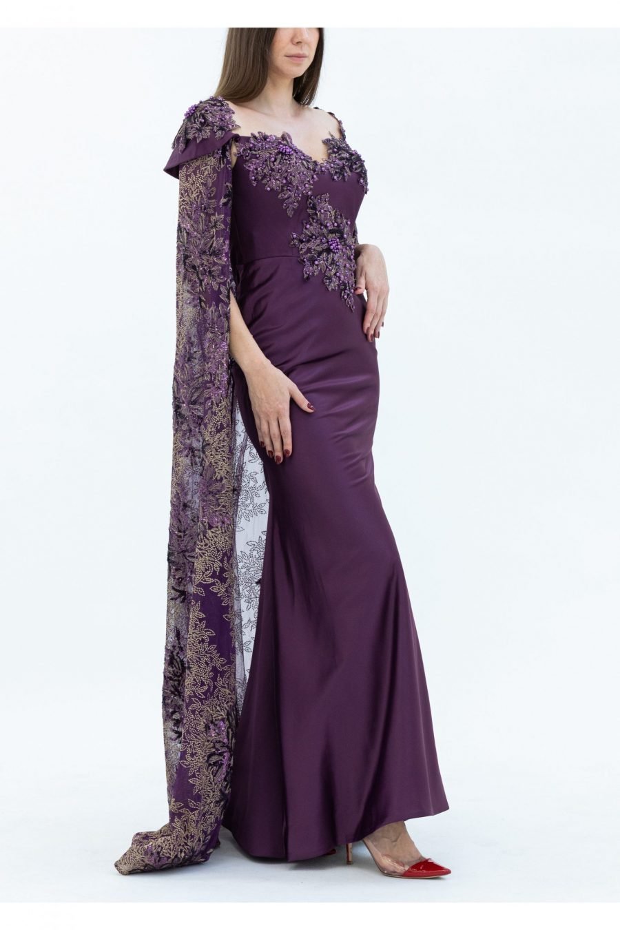 Crepe Fabric Purple Sweetheart Neck Slip Evening Dress - Image 2