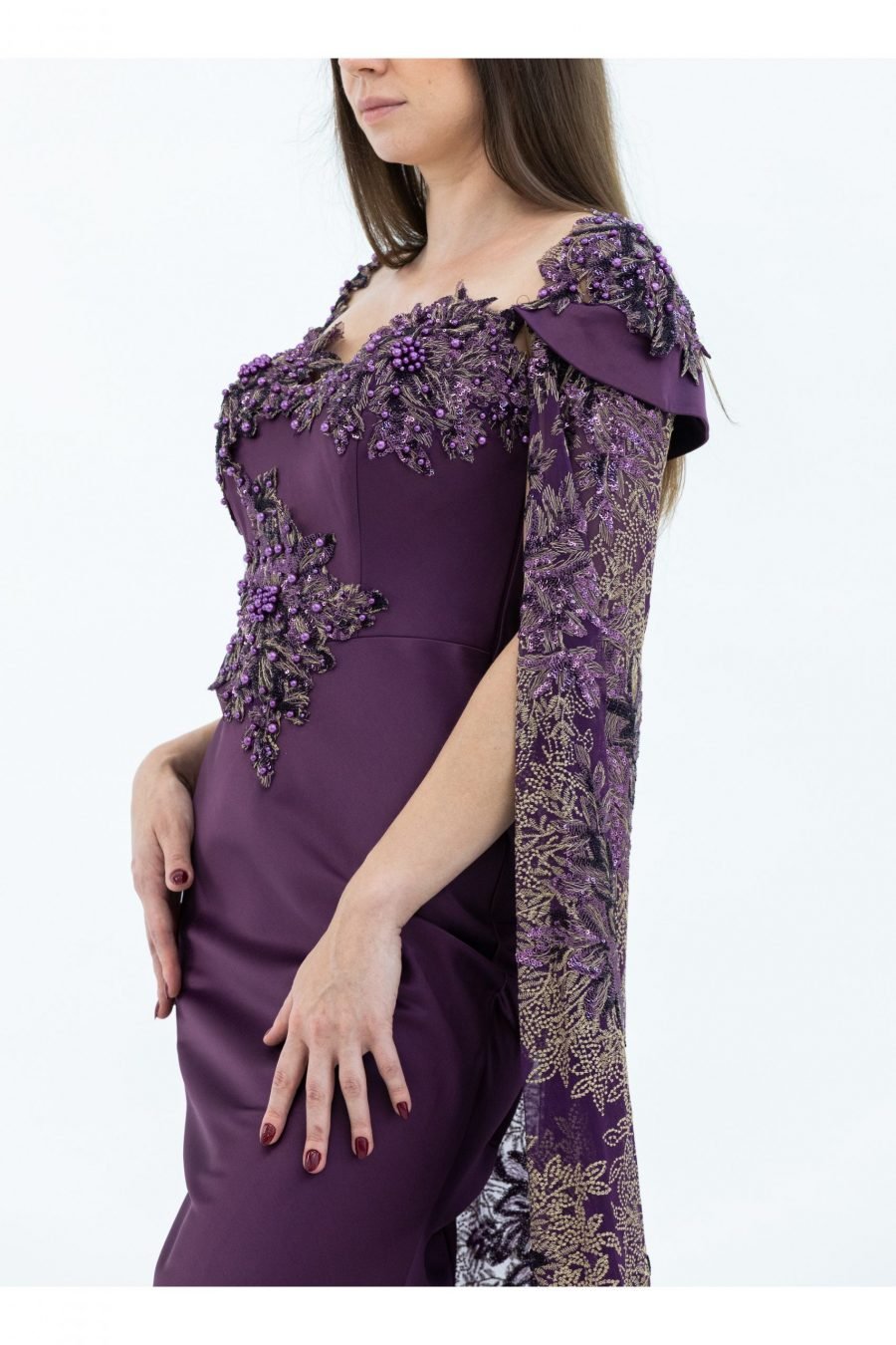 Crepe Fabric Purple Sweetheart Neck Slip Evening Dress - Image 3