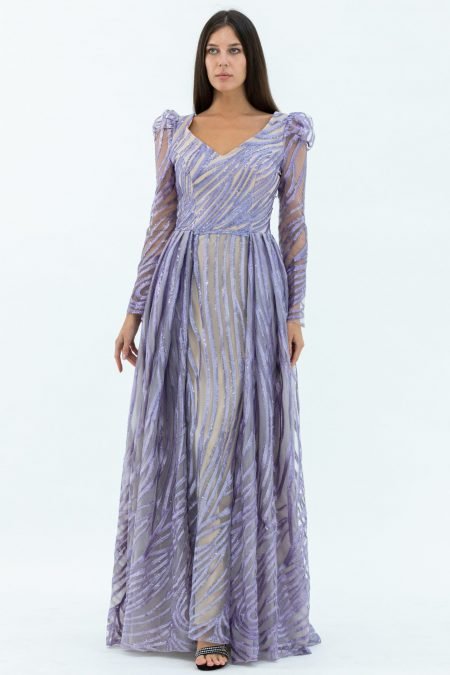 Tulle Fabric V-Neck Column Evening Dress of Mov Colour