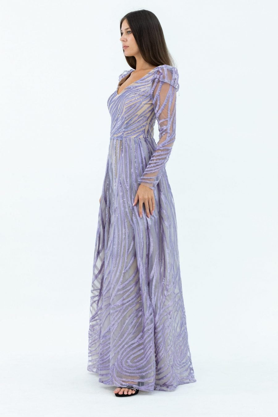 Tulle Fabric V-Neck Column Evening Dress of Mov Colour - Image 2