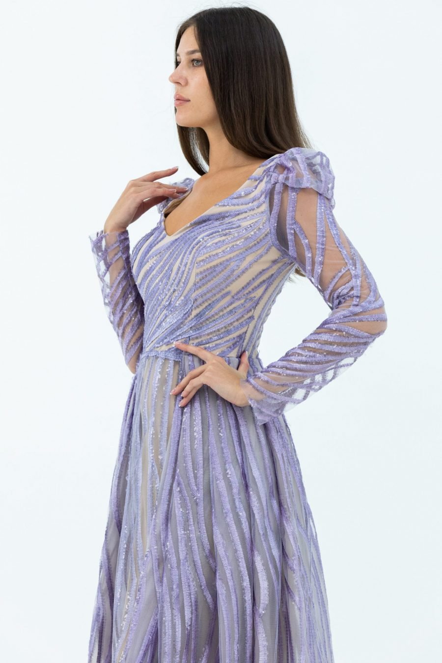 Tulle Fabric V-Neck Column Evening Dress of Mov Colour - Image 3