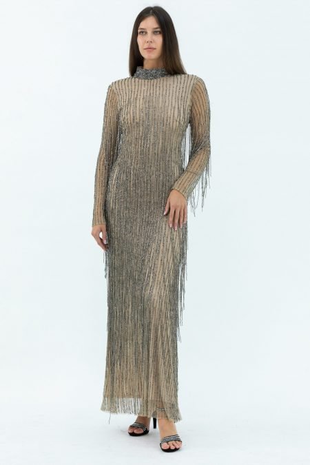 Tulle Fabric Copper High Neck Slip Evening Dress