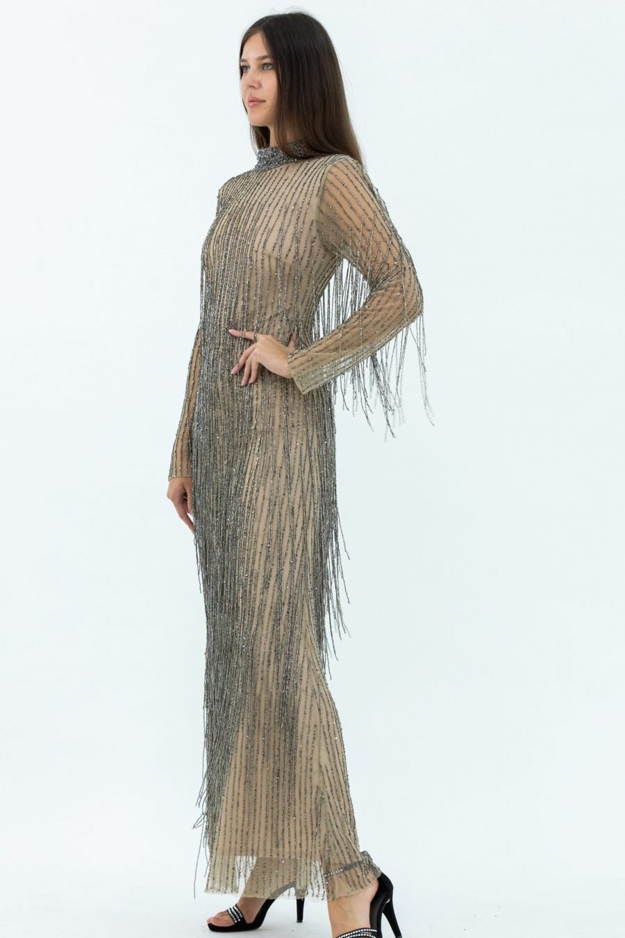 Tulle Fabric Copper High Neck Slip Evening Dress - Image 2