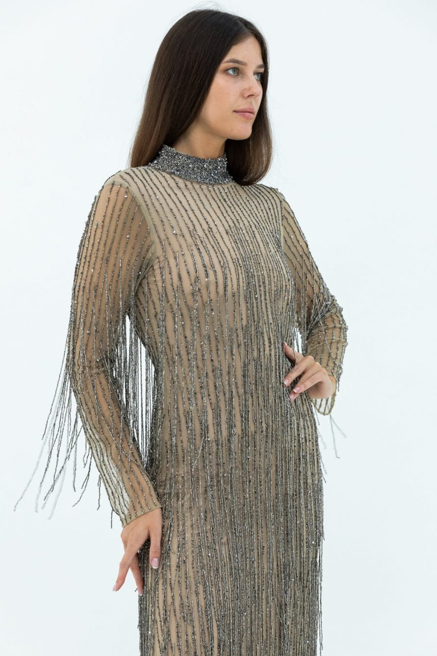 Tulle Fabric Copper High Neck Slip Evening Dress - Image 3