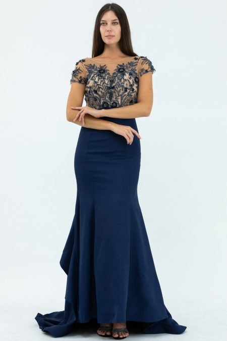 Beautiful Navy Boat Neck Mermaid Evening Dress
