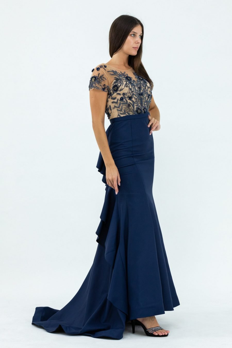 Beautiful Navy Boat Neck Mermaid Evening Dress - Image 2