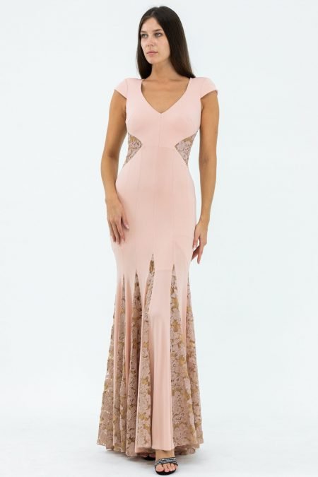 High Neckline Crepe Fabric Floral Design V-Neck Slip Evening Dress