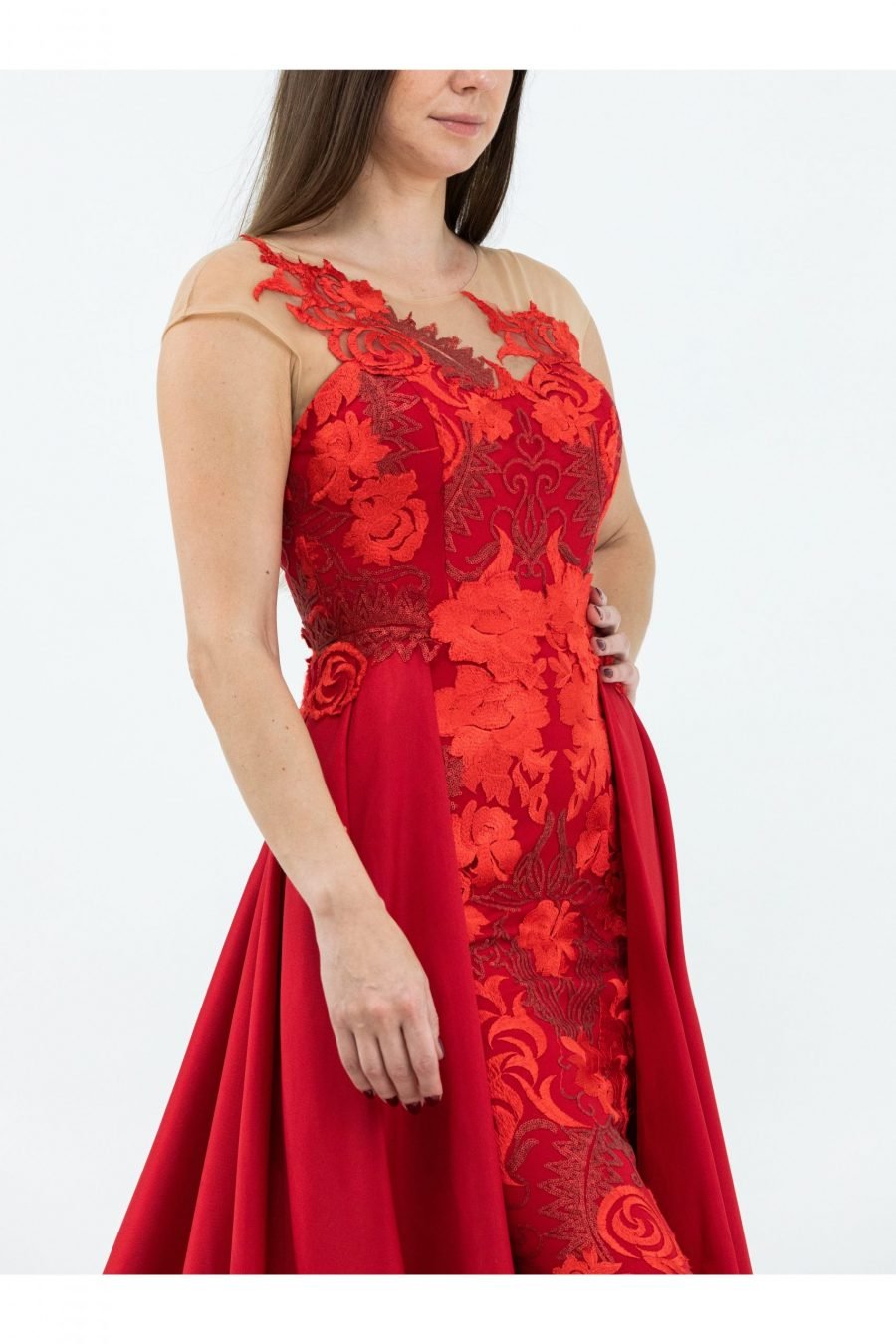 Red Boat Neck Mermaid Soft and Comfortable Evening Dress - Image 4