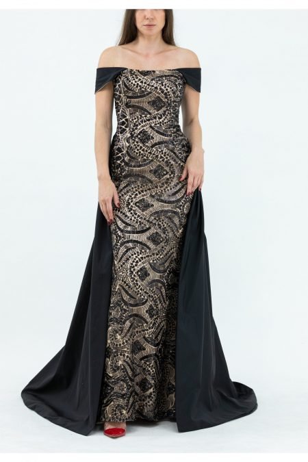Taffeta Woven Plain Fabric Black Off-Shoulder Neck Mermaid Evening Dress