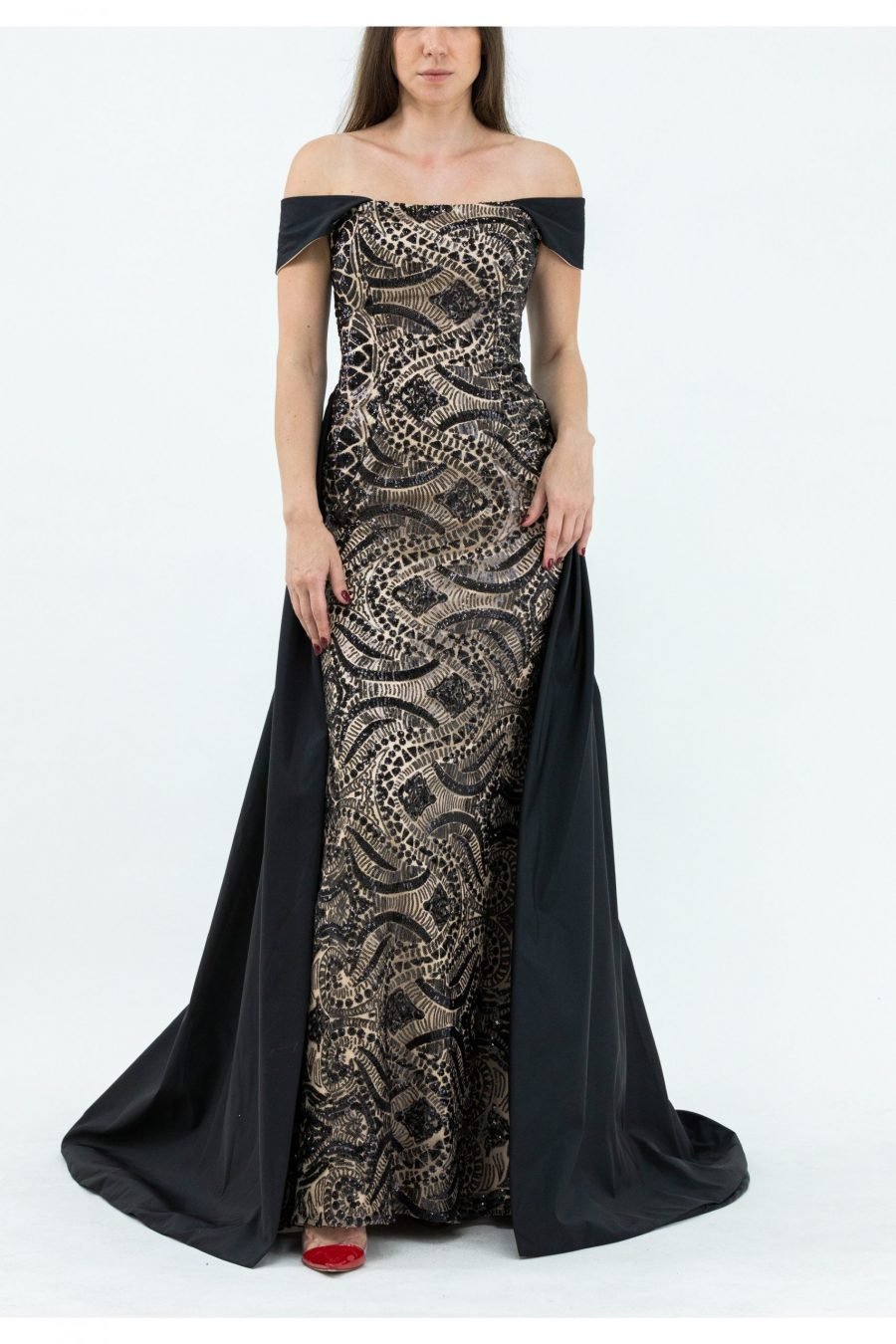 Taffeta Woven Plain Fabric Black Off-Shoulder Neck Mermaid Evening Dress
