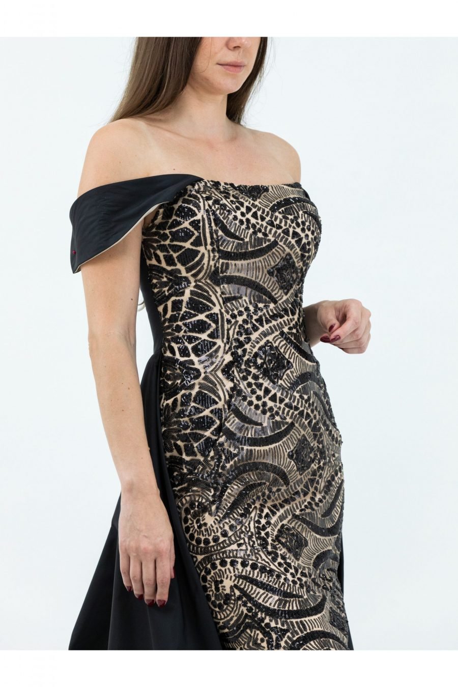 Taffeta Woven Plain Fabric Black Off-Shoulder Neck Mermaid Evening Dress - Image 4