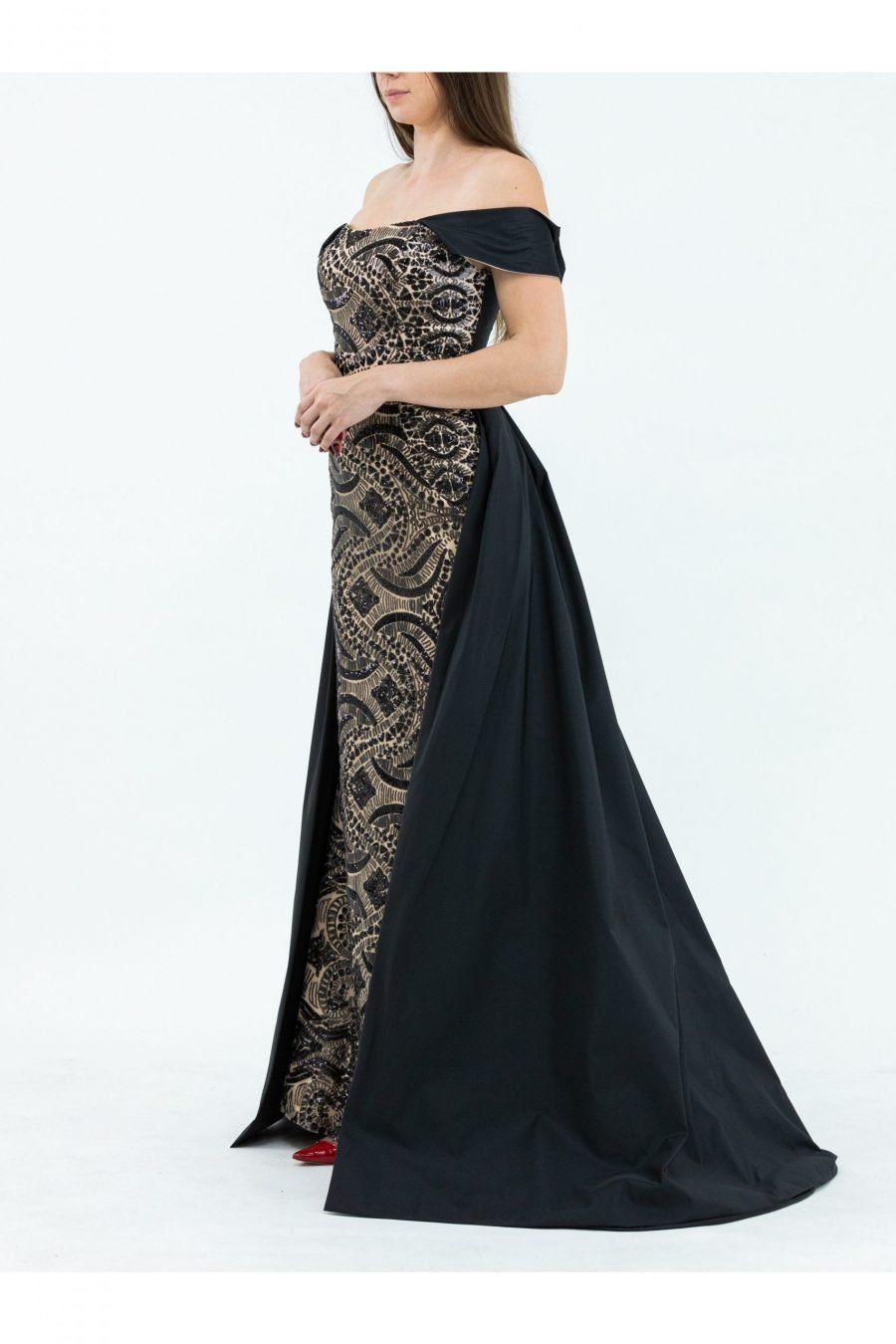 Taffeta Woven Plain Fabric Black Off-Shoulder Neck Mermaid Evening Dress - Image 2