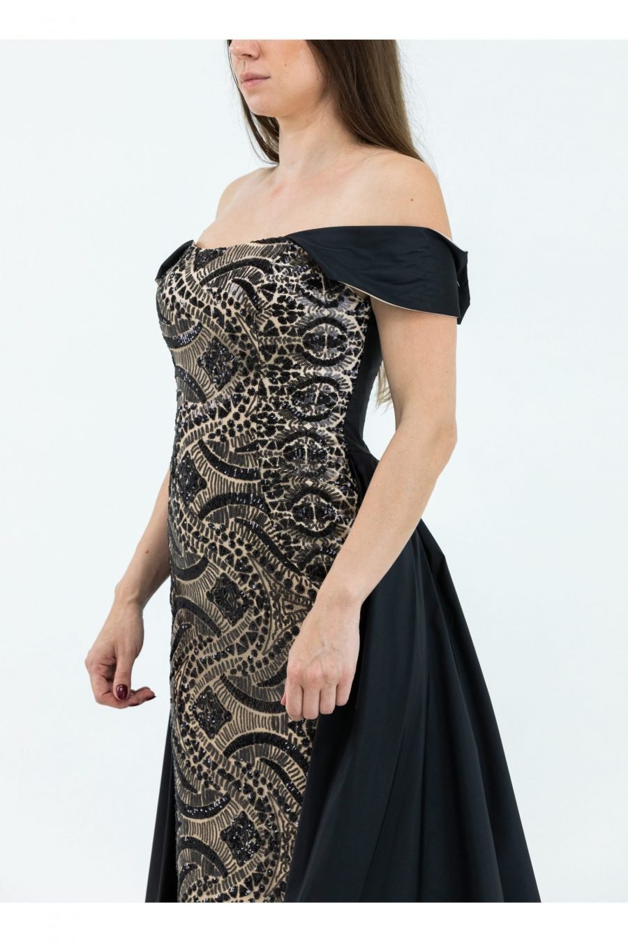 Taffeta Woven Plain Fabric Black Off-Shoulder Neck Mermaid Evening Dress - Image 3