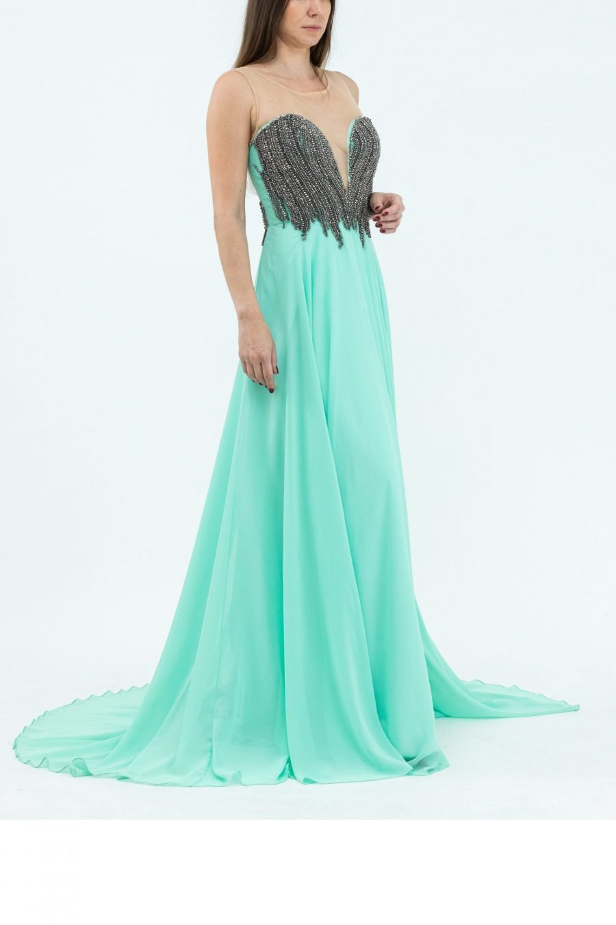 Chiffon Plain Fabric Illusion Neck Mermaid Evening Dress - Image 2