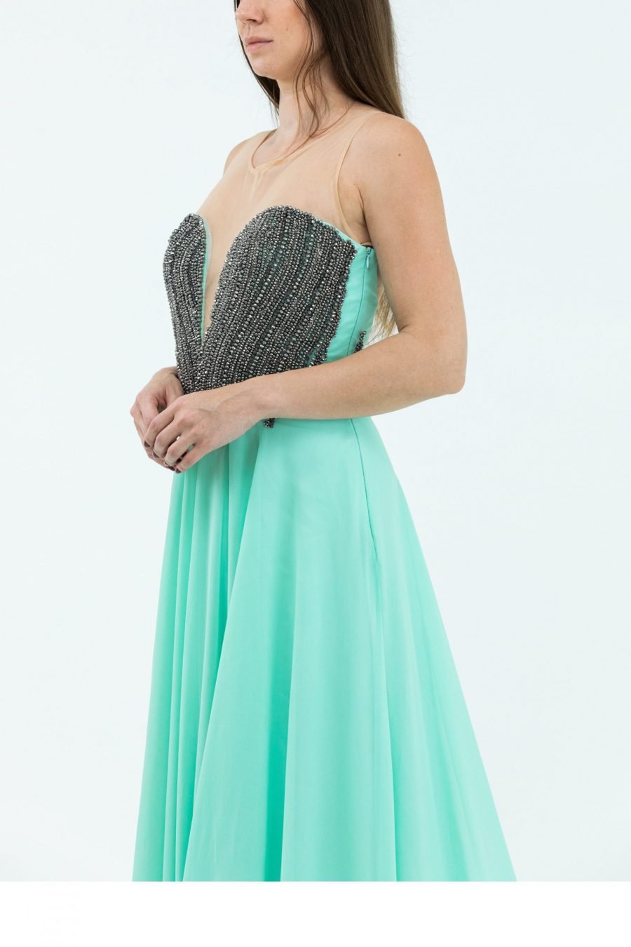 Chiffon Plain Fabric Illusion Neck Mermaid Evening Dress - Image 3