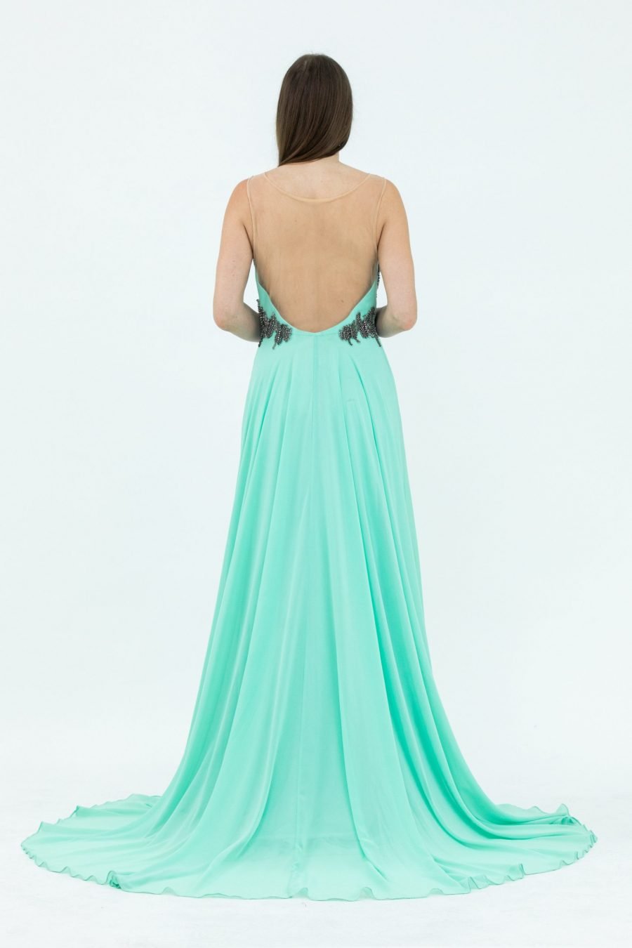 Chiffon Plain Fabric Illusion Neck Mermaid Evening Dress - Image 4