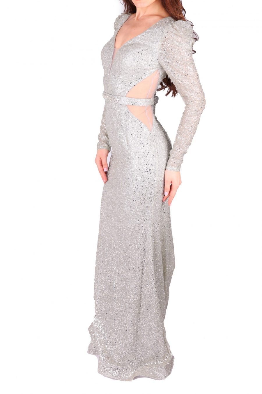 Crepe Fabric Sliver Plungeing Neck Mermaid Gown Dress - Image 3