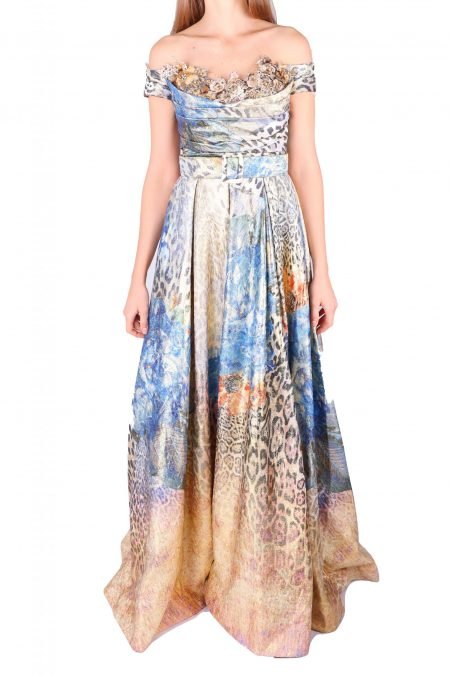 A-Line Off Shoulder Gold Flowers  Gown Dress