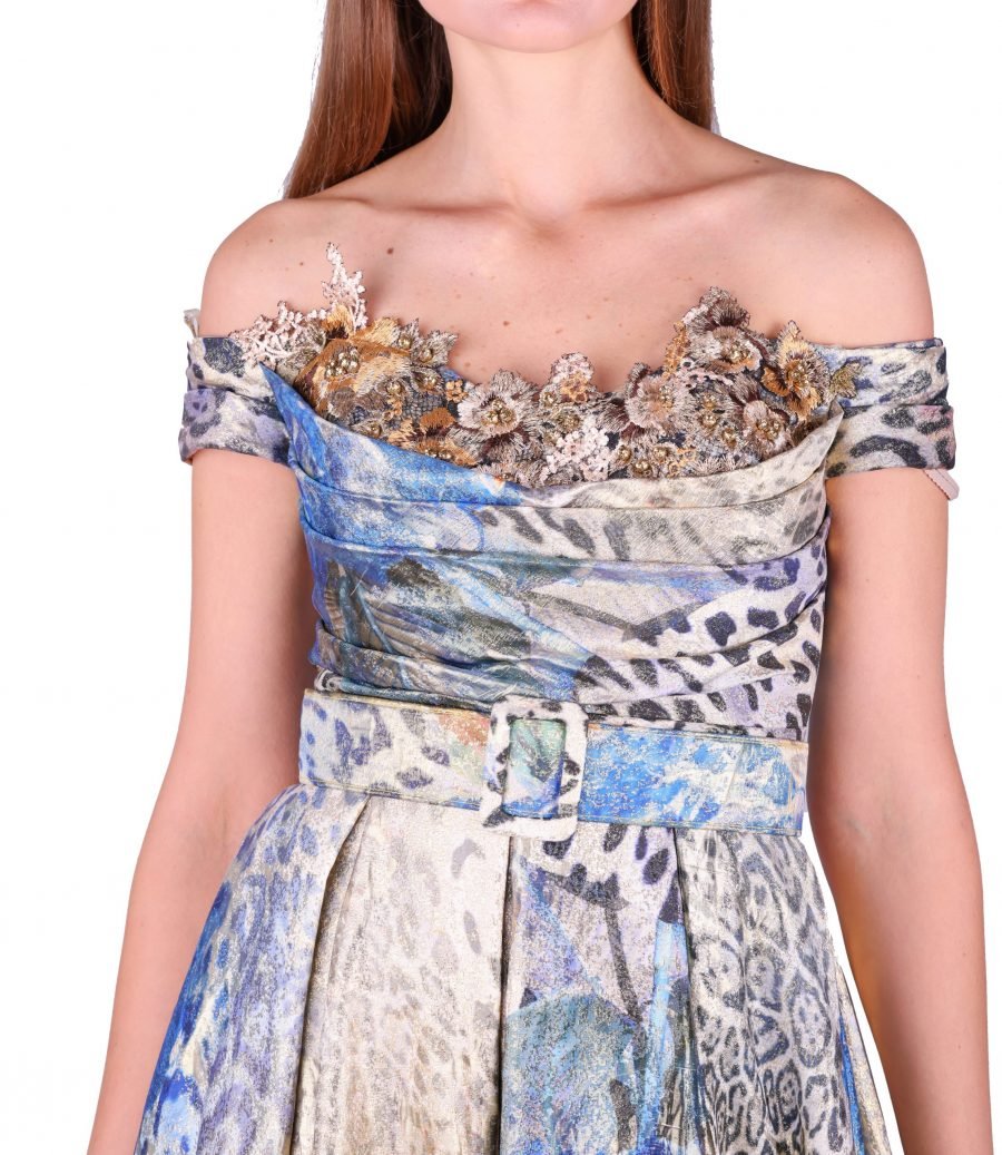A-Line Off Shoulder Gold Flowers  Gown Dress - Image 4