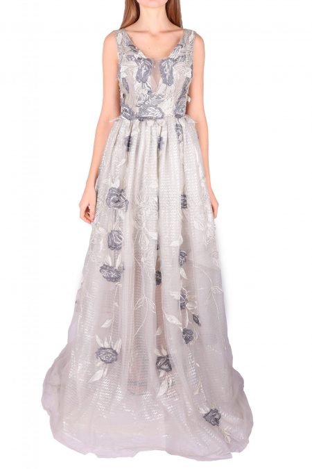 V-Neck Flower Detail Gown Dress