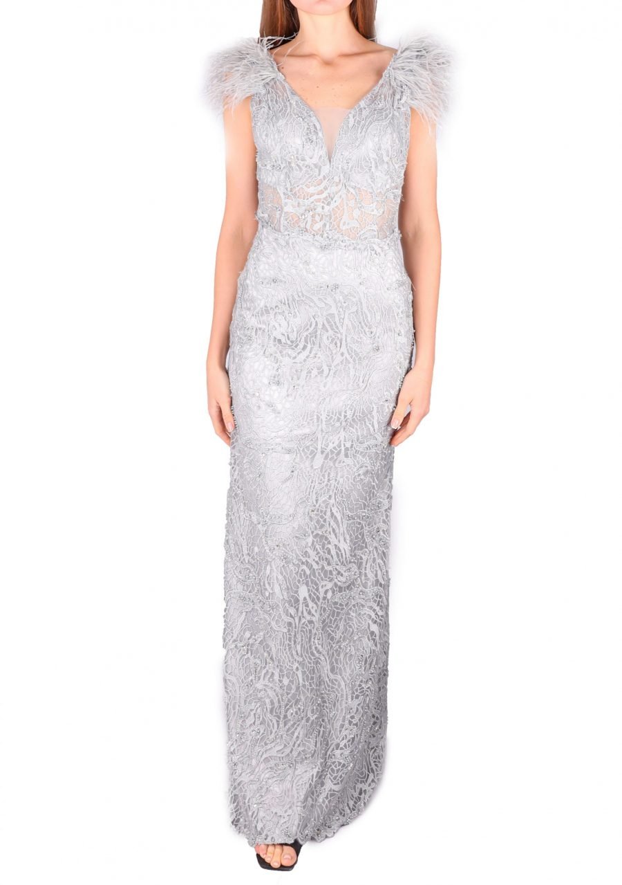 Slip Dress V-Neck Feathers Pearl Gown Dress