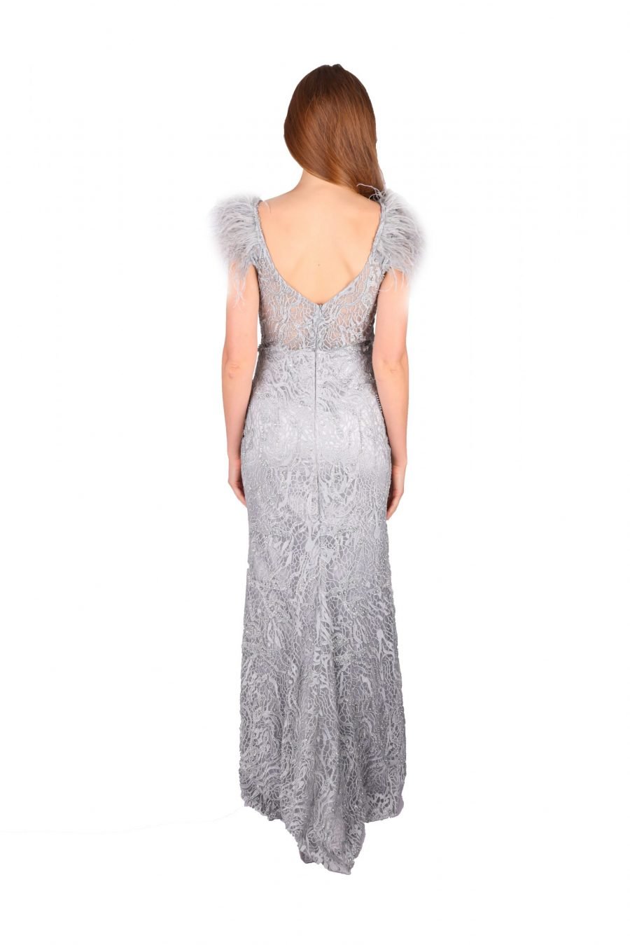 Slip Dress V-Neck Feathers Pearl Gown Dress - Image 3