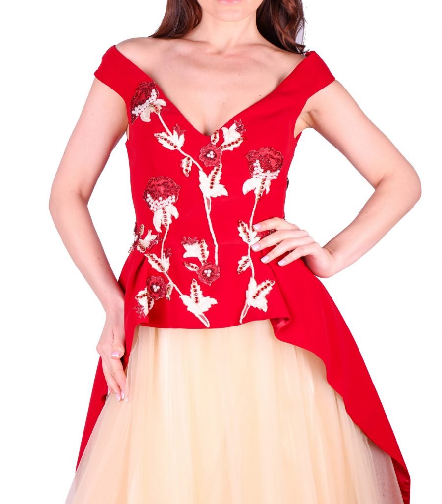 Ball Gown Off Shoulder Detailed Flower Gown Dress - Image 3