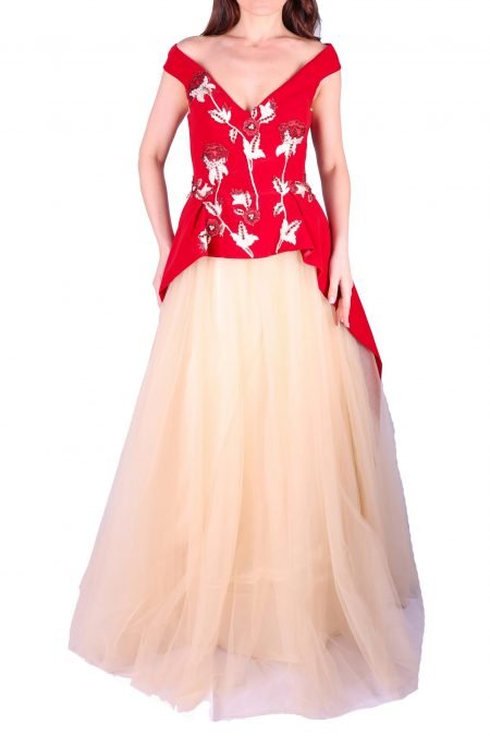 Ball Gown Off Shoulder Detailed Flower Gown Dress