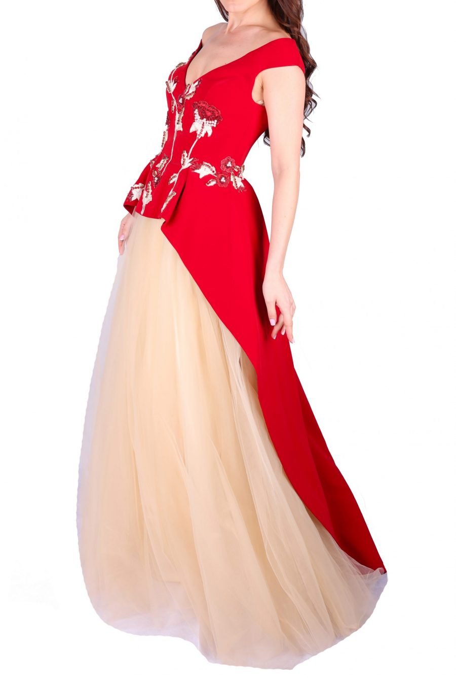 Ball Gown Off Shoulder Detailed Flower Gown Dress - Image 2