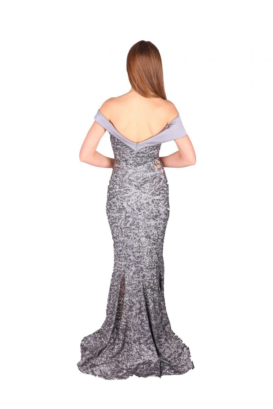 Off Shoulder V-Neck High Detailed Gown Dress - Image 2