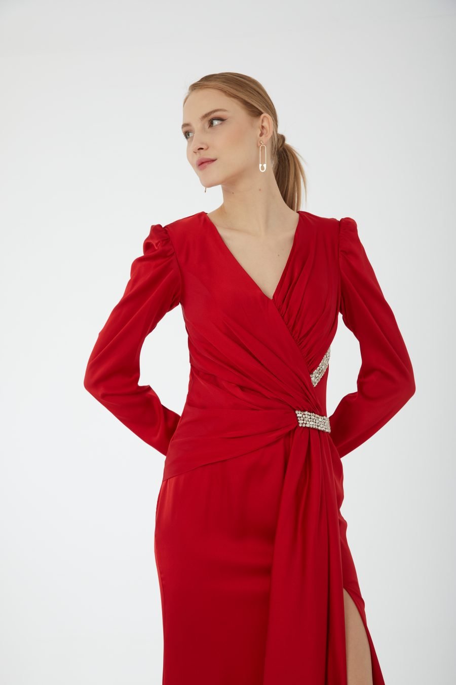 V Neck Long sleeve high knee evening dress - Image 2