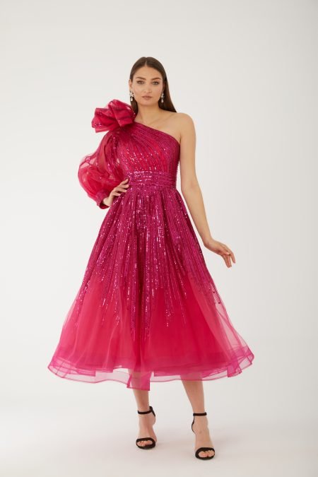 Asymmetric Midi-length, falling below the knee but above the ankle Evening dress